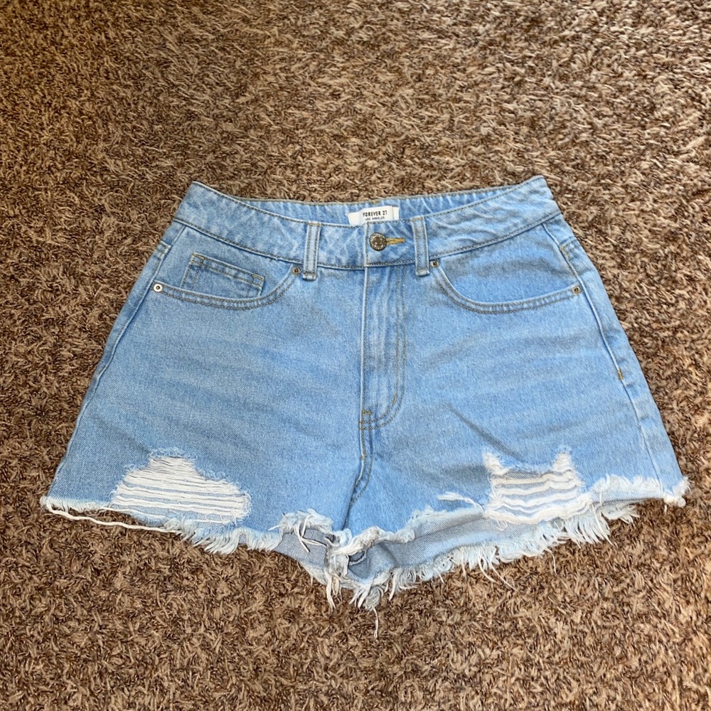 Forever 21 Light Wash Ripped Denim Shorts